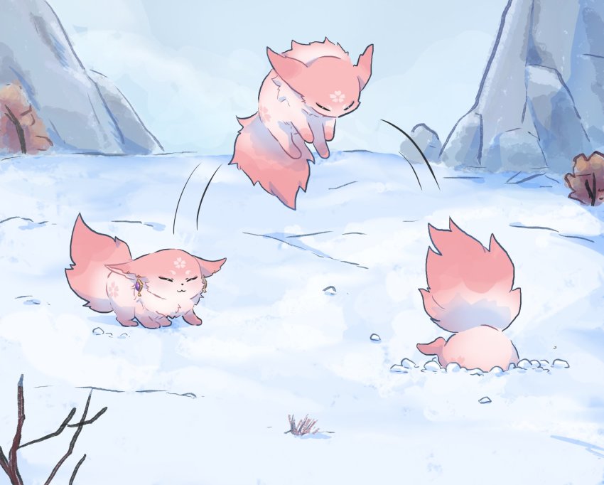 action animal_ears animalization branch burrowing derivative_work earrings floppy_ears fox fox_ears fox_tail genshin_impact highres jewelry jumping motion_lines mountain mountainous_horizon national_geographic no_humans pink_fur snow snowflakes tail tree xinzoruo yae_miko yae_miko_(fox)