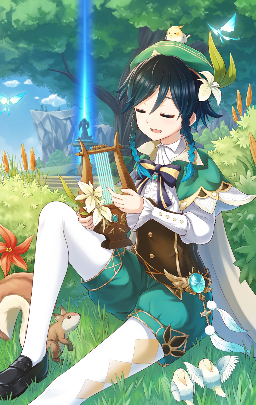 1boy absurdres androgynous animal argyle_clothes argyle_pantyhose beacon beret bird black_hair blue_hair bow braid brooch bug bush butterfly cape cliff closed_eyes cloud cloudy_sky collared_cape collared_shirt corset day feathers flower frilled_sleeves frills gem genshin_impact gradient_hair grass green_hat green_shorts hat hat_flower highres holding holding_instrument insect instrument jewelry leaf long_sleeves lyre male_focus multicolored_hair open_mouth outdoors pantyhose red_flower shirt shoes short_hair_with_long_locks shorts sitting sky smile solo squirrel statue tree twin_braids venti_(genshin_impact) vision_(genshin_impact) white_flower white_pantyhose white_shirt zzt_(zztsama)