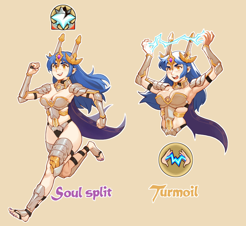 1girl absurdres armor armored_legwear bikini_armor blue_hair breasts cape cleavage commentary commission dang_(runescape) effy_neprin english_commentary full_body gold_trim highres lightning long_hair magic medium_breasts multiple_views orange_eyes original pointed_crown purple_cape purple_nails runescape running second-party_source simple_background spiked_ear_piercing thick_eyebrows thigh_armor thighs yellow_eyes