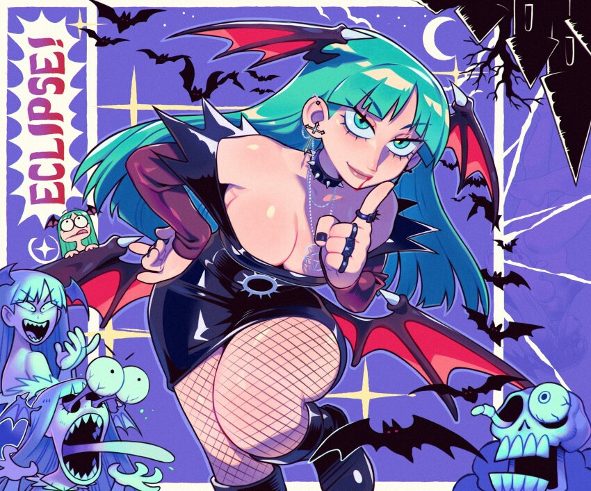 4girls bat_(animal) bat_wings black_footwear black_nails blood blood_from_mouth blood_on_face blue_eyes blue_hair boots breasts castle chibi choker cleavage cosplay crescent cross cross_earrings darkstalkers dress ear_piercing earrings fishnets hand_on_own_hip head_wings highres jewelry large_breasts latex latex_dress looking_at_viewer low_wings moon morrigan_aensland morrigan_aensland_(cosplay) multiple_girls nail_polish necklace open_mouth pantyhose pentagram pentagram_necklace piercing red_wings ring skull speedoru spiked_choker spikes surprised tongue tongue_out wings