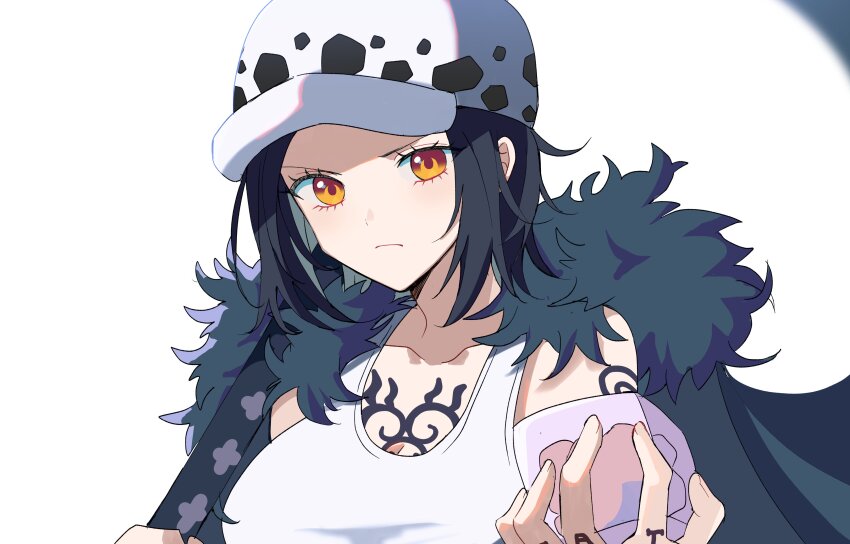 1girl absurdres blue_coat breasts canon_genderswap chest_tattoo closed_mouth coat commentary fur-trimmed_coat fur_trim genderswap genderswap_(mtf) hand_tattoo hat highres holding kasuga_kaya large_breasts looking_at_viewer medium_hair one_piece orange_eyes sidelocks solo sword symbol-only_commentary tank_top tattoo trafalgar_law trafalgar_law_(female) upper_body weapon white_hat white_tank_top