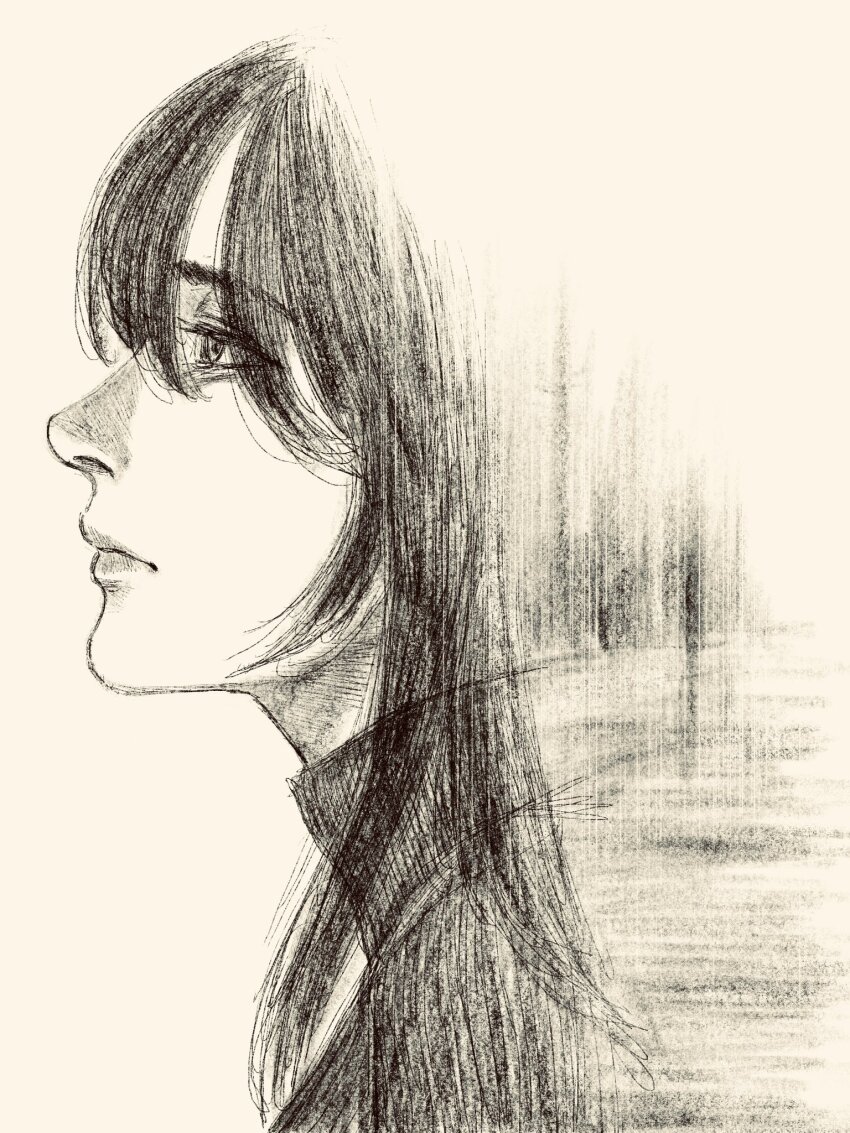 1girl black_hair black_outline from_side greyscale highres long_hair looking_at_viewer monochrome original outline solo tp_p_pt white_background