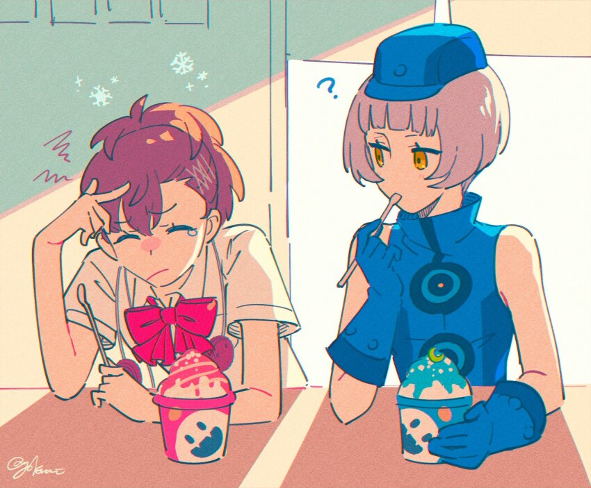 2girls bare_shoulders blue_dress blue_gloves bow brain_freeze brown_hair closed_eyes dress elizabeth_(persona) food gekkoukan_high_school_uniform gloves hair_ornament hairclip hat headphones highres looking_at_another multiple_girls persona persona_3 persona_3_portable red_bow school_uniform shaved_ice shiomi_kotone shirt short_hair sleeveless sleeveless_dress snowflakes tearing_up utensil_in_mouth white_hair white_shirt yellow_eyes yokaroni