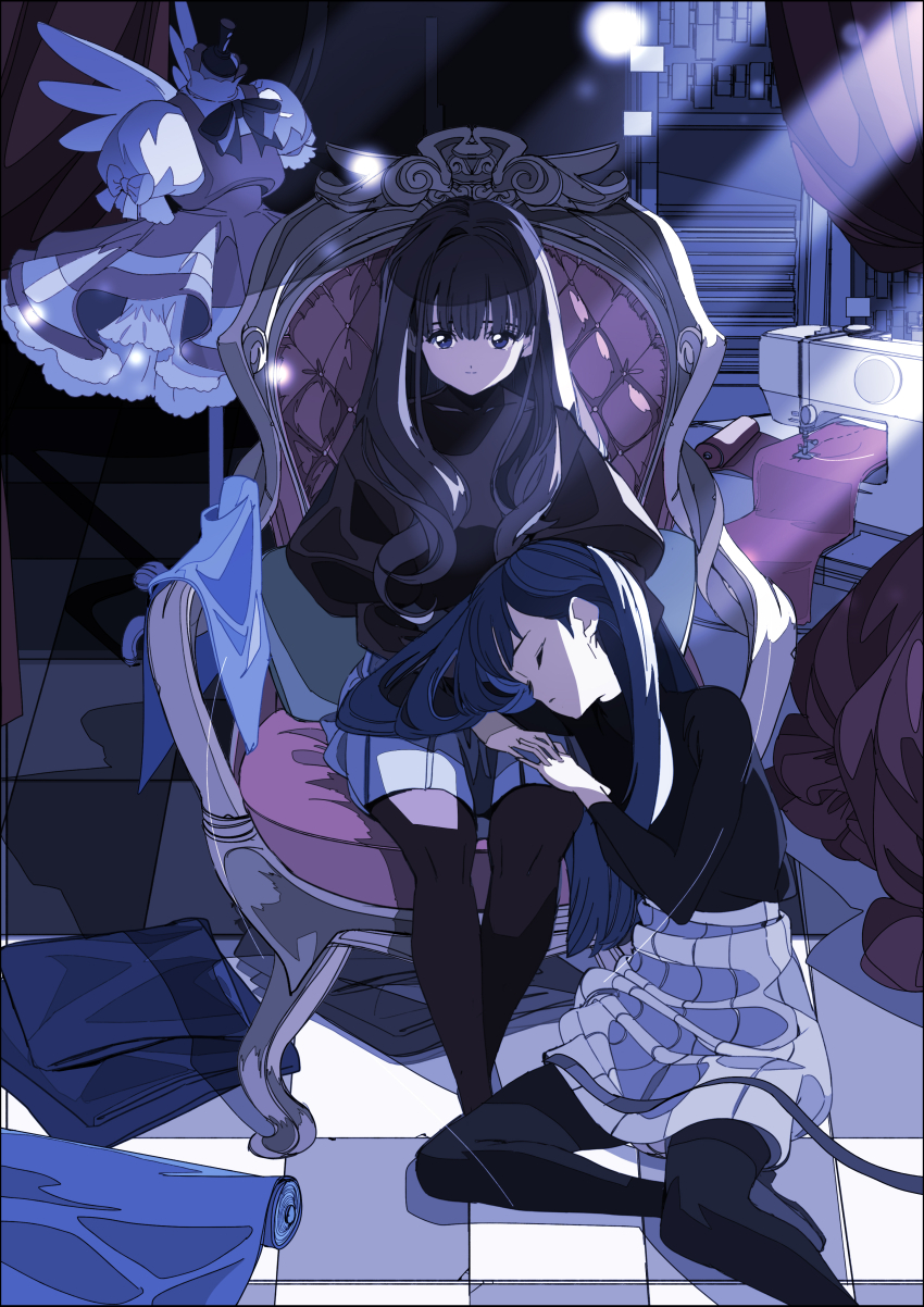 2girls absurdres armchair black_hair black_pantyhose black_sweater blue_eyes blurry bokeh cardcaptor_sakura chair closed_eyes daidouji_tomoyo depth_of_field dress dress_form edoya_inuhachi fabric flat_color foot_out_of_frame highres indoors lap_pillow li_meiling light_rays ligne_claire long_hair looking_at_viewer multiple_girls pantyhose sewing_machine sitting skirt sweater tile_floor tiles wings