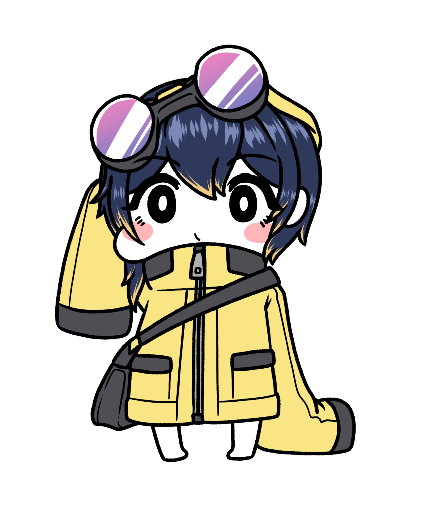 aged_down bag blonde_hair blue_hair blush_stickers chibi eyewear_on_head full-length_zipper highres jacket last_origin looking_at_viewer multicolored_hair oversized_clothes short_hair shoulder_bag sterling_(last_origin) two-tone_hair waterbear white_background zipper zipper_pull_tab