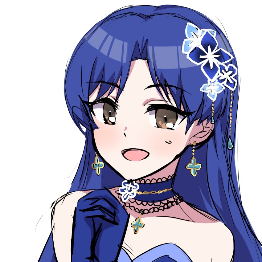 1girl absurdres bare_shoulders blue_choker blue_gloves blue_hair brown_eyes choker collarbone earrings gloves hair_ornament hands_up highres idolmaster idolmaster_(classic) idolmaster_million_live! idolmaster_million_live!_theater_days jewelry kisaragi_chihaya kisaragi_chihaya_(brilliant_diva) light_blush long_hair looking_at_viewer open_mouth own_hands_together pi_(user_ecyn7344) portrait simple_background smile solo white_background