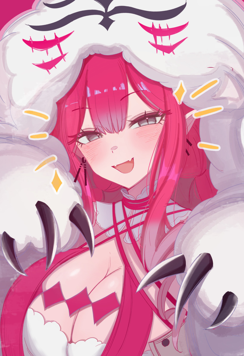 0nineo9 1girl absurdres baobhan_sith_(fate) baobhan_sith_(swimsuit_pretender)_(first_ascension)_(fate) blush breasts cernunnos_(fate) character_hood detached_collar earrings fate/grand_order fate_(series) highres jewelry large_breasts looking_at_viewer open_mouth pink_hair pointy_ears smile solo