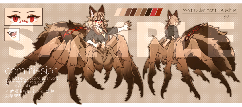 1girl animal_ears arachne arthropod_girl black_shirt brown_background brown_hair color_guide commentary_request highres hogara insect_girl long_hair looking_at_viewer monster_girl multicolored_hair multiple_views neck_fur original polka_dot polka_dot_background red_eyes reference_sheet shirt spider_girl streaked_hair taur