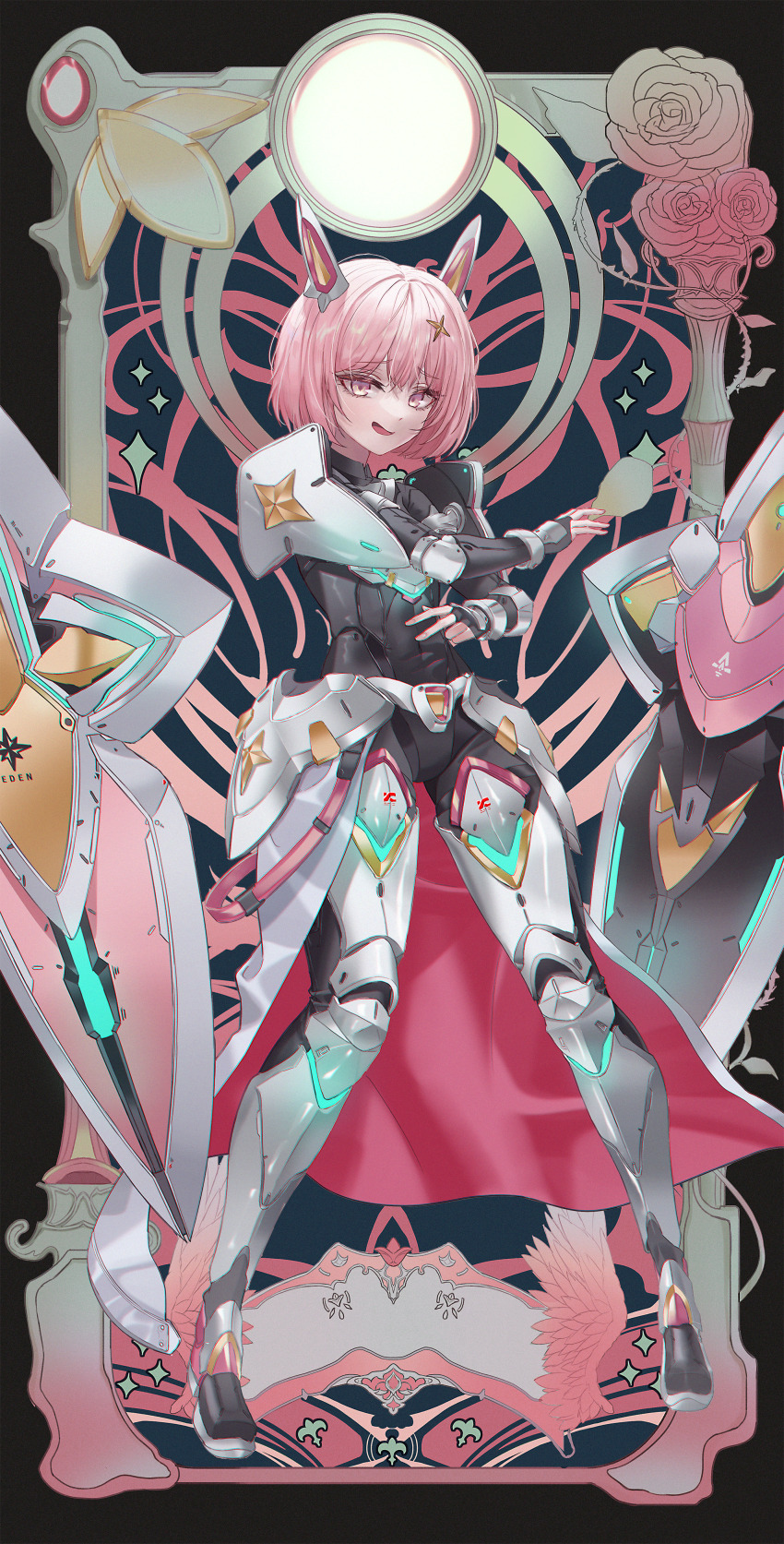 1girl absurdres armor armored_bodysuit armored_boots armored_gloves armored_skirt black_bodysuit bodysuit boots breastplate disgustingtokki floating floating_object goddess_of_victory:_nikke hair_ornament headgear highres hip_armor leg_armor looking_at_viewer noah_(nikke) open_mouth pink_eyebrows pink_eyes pink_hair short_hair shoulder_armor simple_background smug solo sparkle_hair_ornament two-sided_capelet