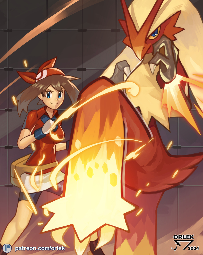 1girl absurdres artist_name bandana bike_shorts blaziken blue_eyes breasts brown_hair closed_mouth collared_shirt eyelashes fanny_pack gen_3_pokemon gloves highres legs_apart may_(pokemon) medium_hair nintendo orlek patreon_logo pokemon pokemon_(creature) pokemon_rse red_bandana red_shirt shirt short_sleeves skirt smile socks standing tile_wall tiles watermark web_address white_gloves white_skirt yellow_bag