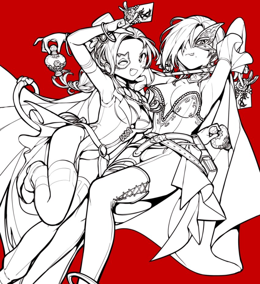 2girls ;d ;p armpits belt breasts calling_card card cat_tail cath_(fire_emblem) cath_(thief)_(fire_emblem) cleavage eye_mask fake_tail fang fire_emblem fire_emblem:_the_binding_blade fire_emblem:_the_blazing_blade fire_emblem_heroes hair_over_one_eye hat highres holding holding_card leila_(fire_emblem) leila_(thief)_(fire_emblem) long_hair looking_at_viewer medium_breasts monochrome multiple_girls nintendo official_alternate_costume one_eye_closed open_mouth ponytail red_background sbql_(niaunclefan) short_hair smile tail thighhighs tongue tongue_out
