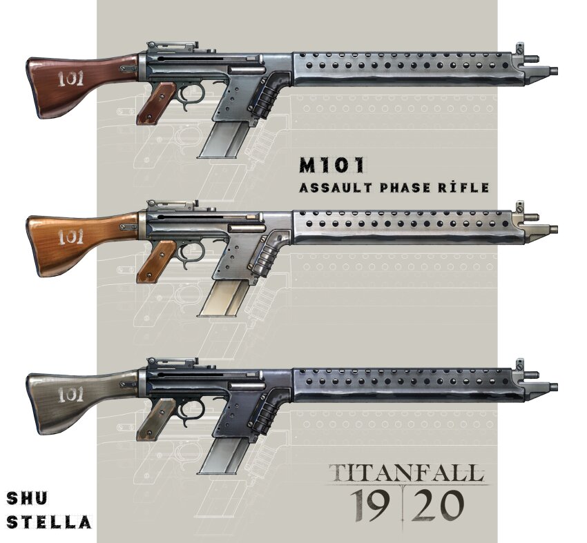 absurdres artist_name assault_rifle from_side gun highres no_humans r-101c_carbine redesign rifle shu-stella titanfall titanfall_(series) variations weapon weapon_focus