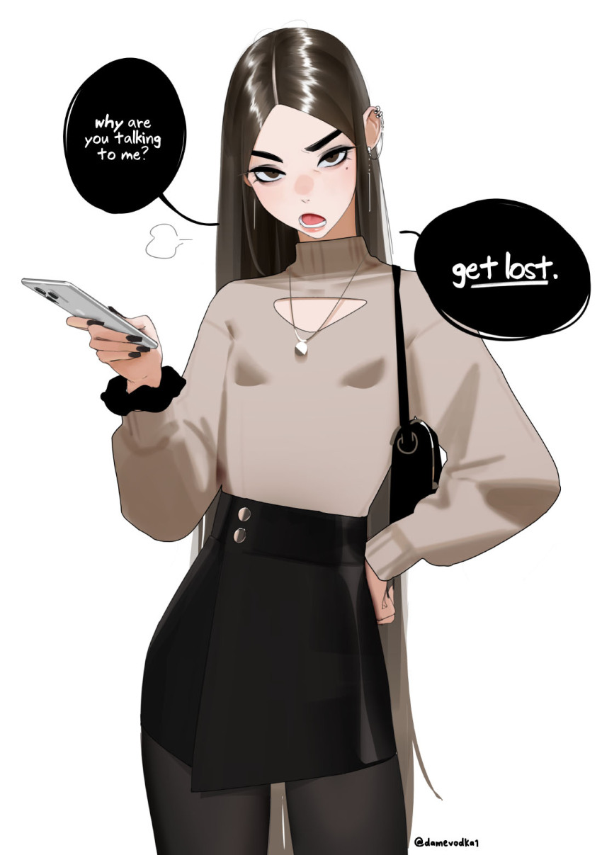 1girl bag black_nails black_pantyhose black_skirt brown_eyes brown_hair cellphone clothing_cutout damevodka1 ear_piercing earrings english_text handbag highres holding holding_phone jewelry long_hair mole mole_under_eye necklace open_mouth original pantyhose phone piercing scrunchie simple_background skirt solo speech_bubble wrist_scrunchie