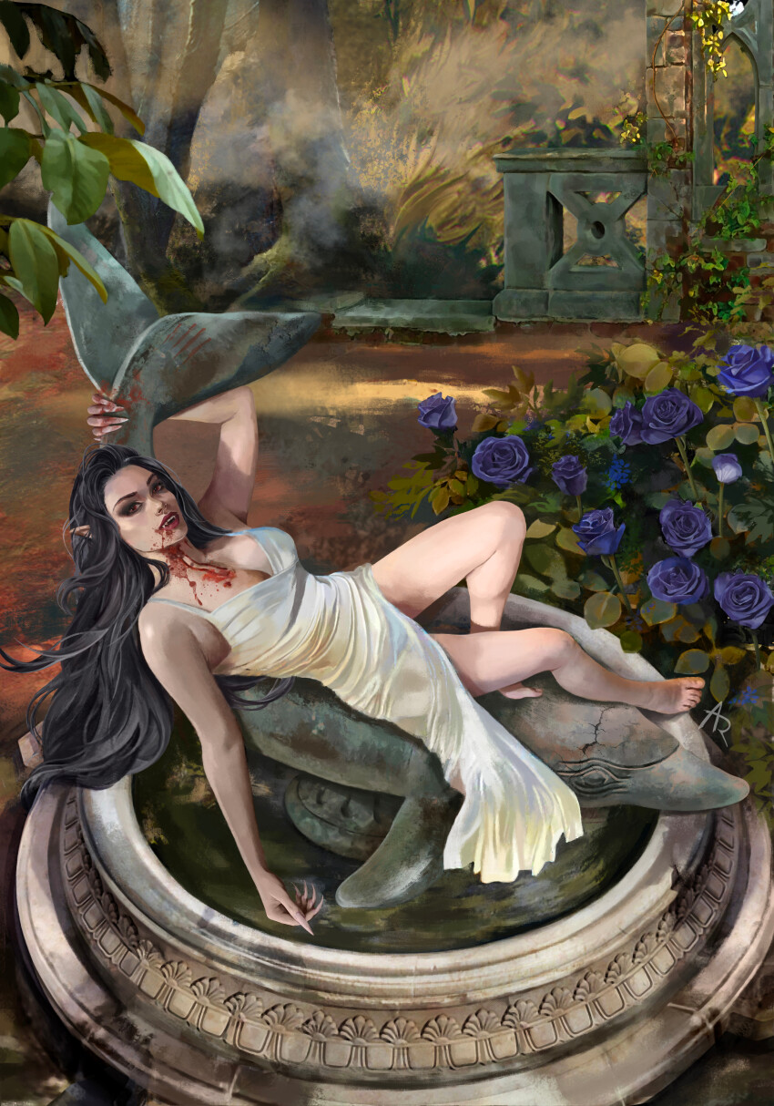 1girl absurdres anna_sinthetic barefoot black_hair blood blood_on_face blue_flower blue_rose breasts cleavage day dolphin dress flower fountain highres long_hair looking_at_viewer lying medium_breasts outdoors red_eyes rose sleeveless sleeveless_dress solo statue the_witcher_(series) vampire vereena white_dress
