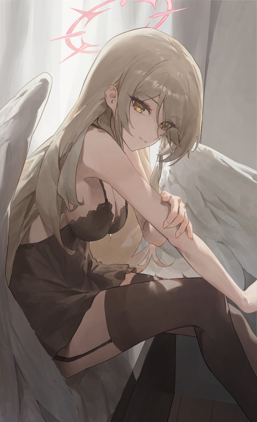 1girl absurdres alternate_costume angel_wings bare_shoulders blue_archive breasts brown_garter_straps brown_thighhighs cleavage closed_mouth curtains eyes_visible_through_hair garter_straps hair_between_eyes hair_over_one_eye halo highres holding_own_arm indoors large_breasts light_brown_hair long_hair looking_at_viewer muhan_(user_azze8777) nagisa_(blue_archive) sidelocks sitting smile solo thighhighs thighs white_wings wings yellow_eyes
