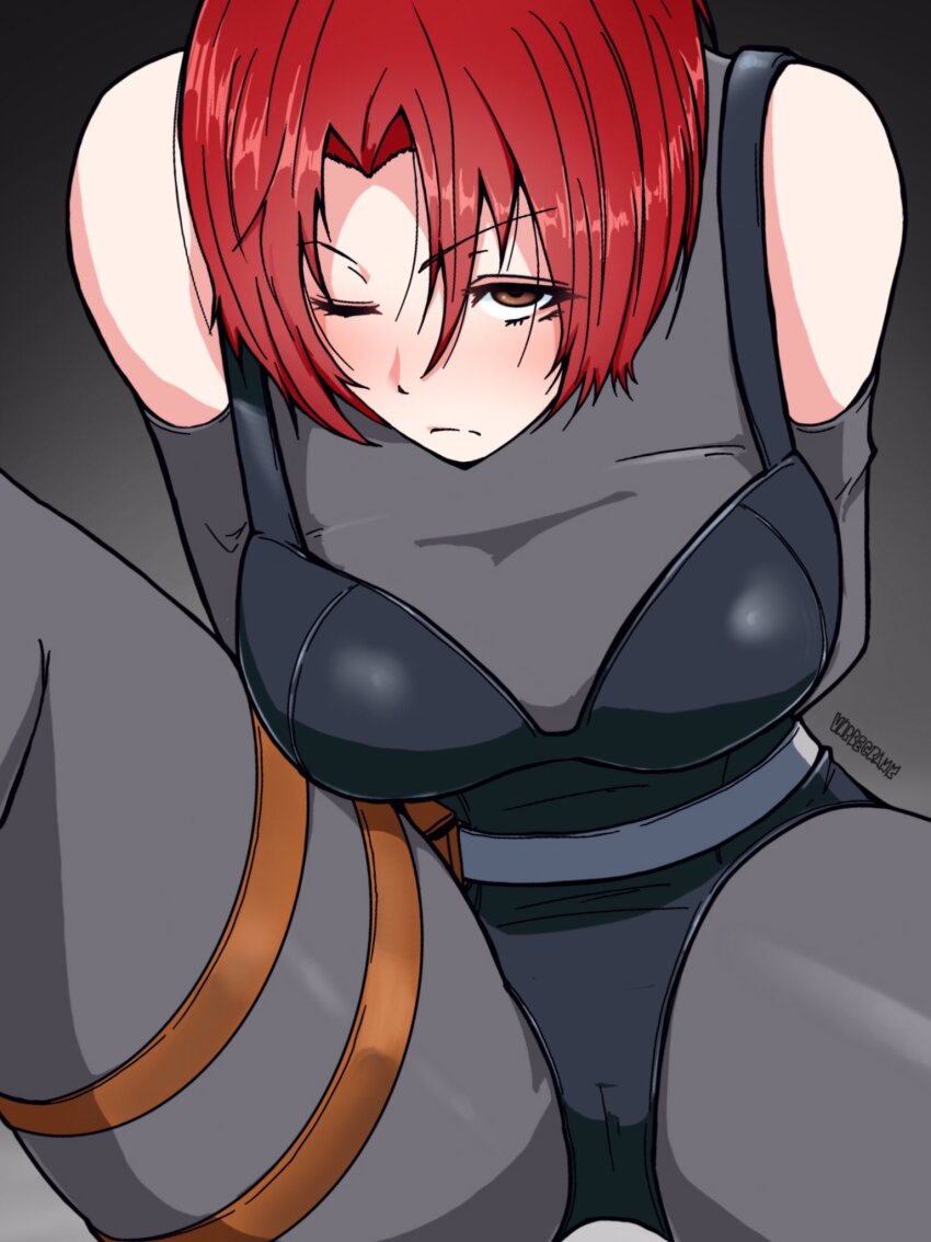 1girl black_gloves black_leotard bodysuit breasts closed_mouth dino_crisis elbow_gloves gloves highres leotard one_eye_closed red_hair regina_(dino_crisis) short_hair skin_tight solo varbecrank