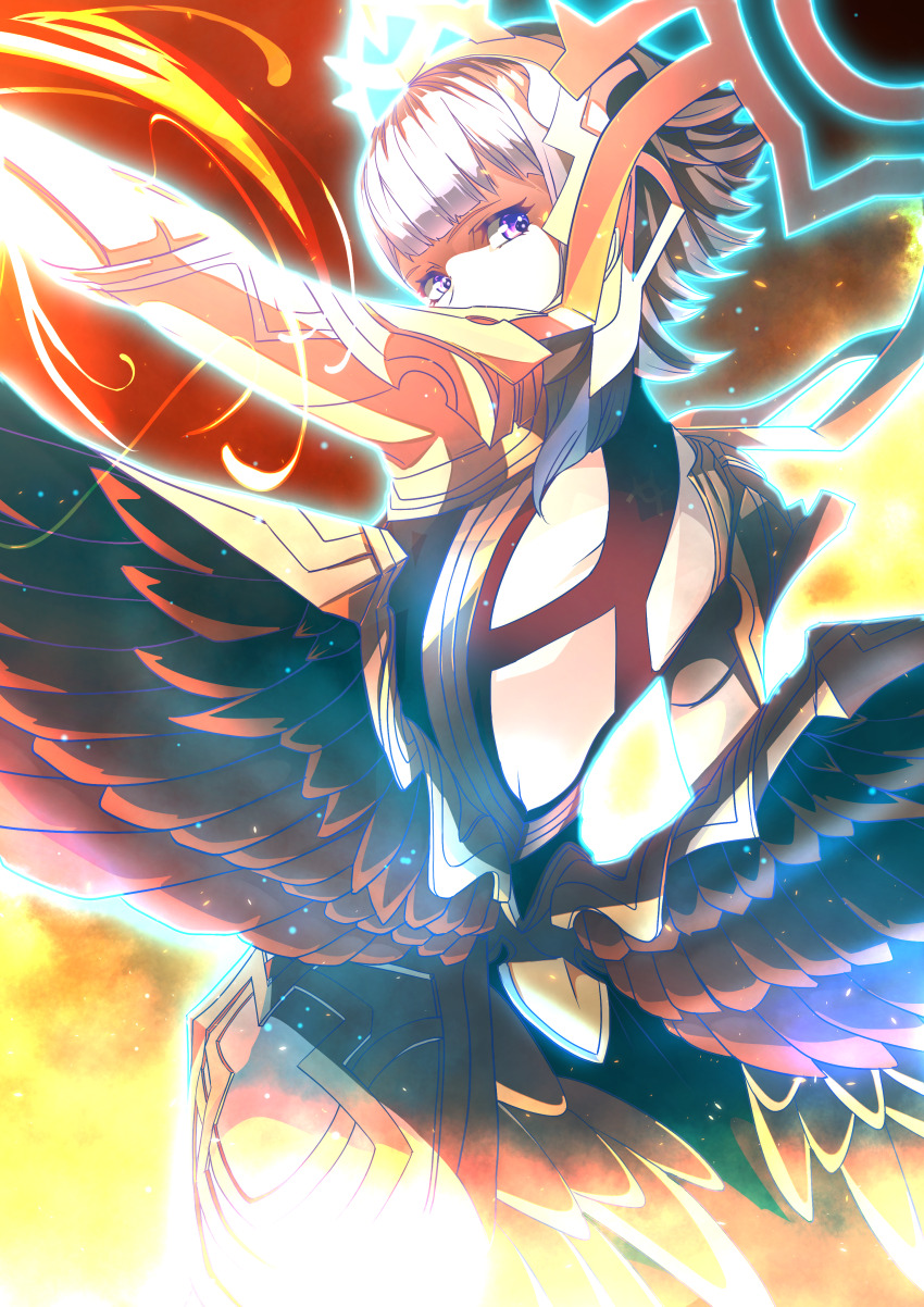 1girl absurdres back dress fire fire_emblem fire_emblem_heroes from_behind glowing grey_hair highres looking_at_viewer magic nintendo official_alternate_hairstyle purple_eyes short_hair sidelocks tagme to_(tototo_tk) veronica_(emblem)_(fire_emblem) veronica_(fire_emblem) veronica_(princess_rising)_(fire_emblem) wings