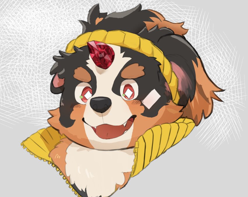 1boy animal_ears black_fur blush brown_fur carbuncle_(housamo) commentary_request dog-boy dog_ears dog_nose floppy_ears furry furry_male gem headband highres jacket kosenaityakosi looking_at_viewer male_focus multicolored_fur open_mouth smile tokyo_houkago_summoners upper_body white_fur yellow_headband yellow_jacket