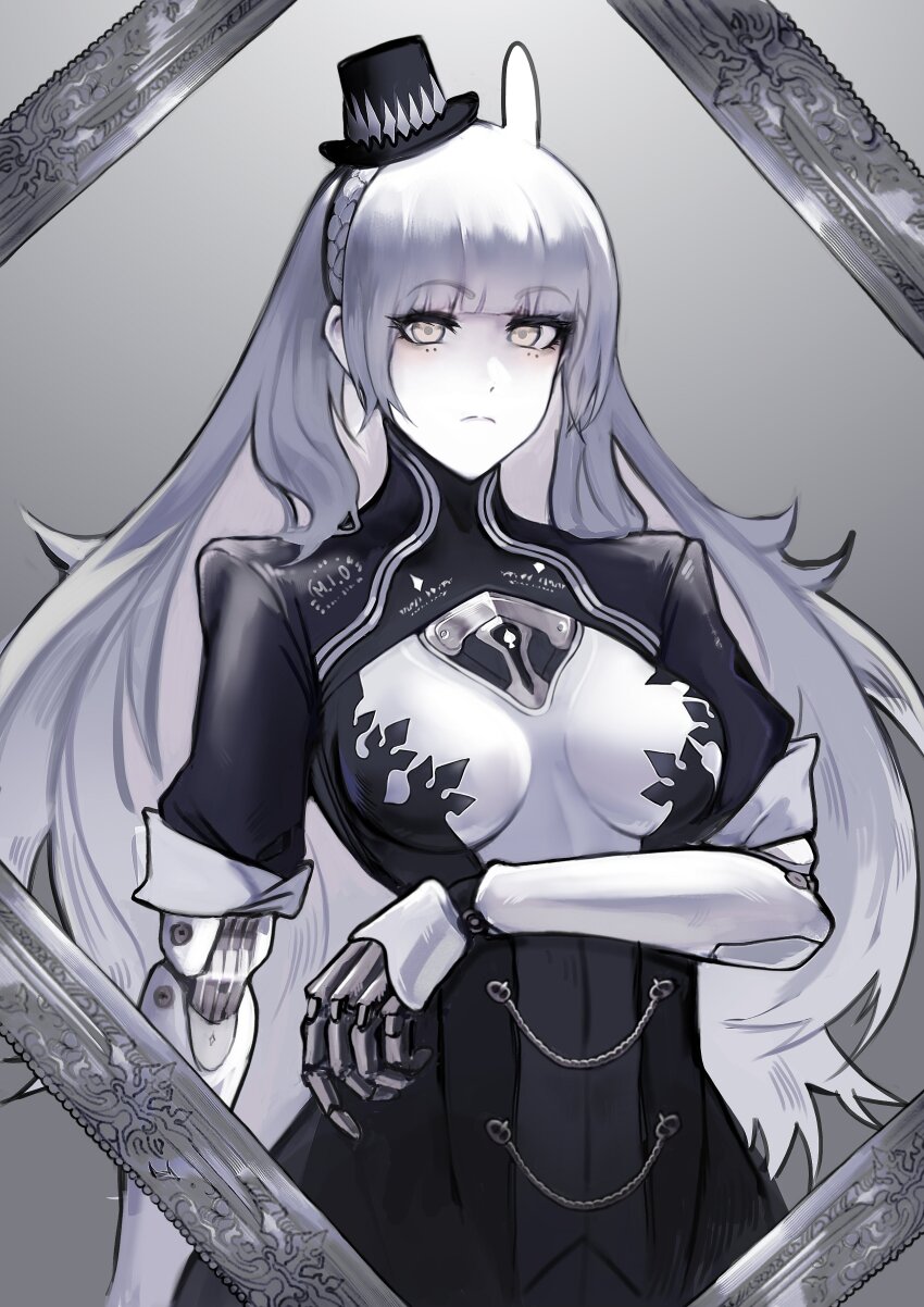 1girl absurdres animal_ears black_dress cylinder dress grey_eyes grey_hair haicma_(pgr) highres joints long_hair mechanical_arms mi0_nee punishing:_gray_raven rabbit_ears robot_joints solo two-tone_dress white_dress