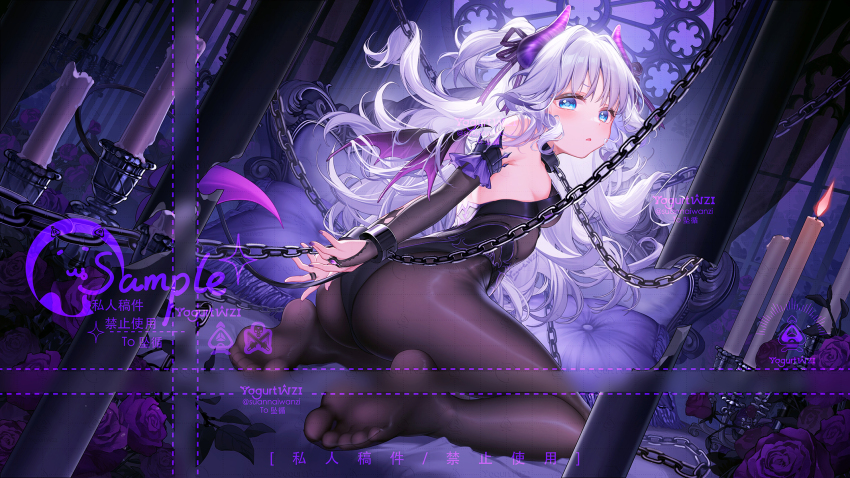 1girl bare_shoulders black_leotard black_pantyhose blue_eyes breasts bug butterfly chain demon_girl demon_tail demon_wings detached_sleeves grey_hair hair_ornament highres insect leotard long_hair looking_at_viewer looking_back no_shoes original pantyhose restrained sitting small_breasts soles strapless strapless_leotard suaynnai_wanzi tail thighs toes wings