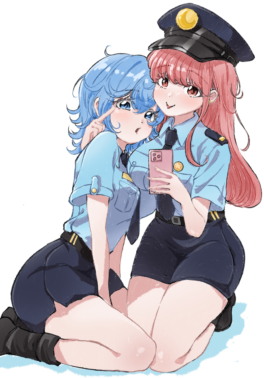 2girls arm_between_legs asahina_yuni black_boots blue_eyes blue_hair blue_shirt blue_skirt boots breasts cellphone commentary hair_between_eyes hashtag-only_commentary hat highres holding holding_phone kyou_wa_kanojo_ga_inai_kara large_breasts long_hair looking_at_viewer medium_breasts medium_hair multiple_girls open_mouth peaked_cap phone pink_eyes pink_hair police police_hat police_uniform policewoman rorol_reime seiza selfie shirt short_sleeves sidelocks simple_background sitting skirt smartphone taki_fuuko white_background wolf_cut