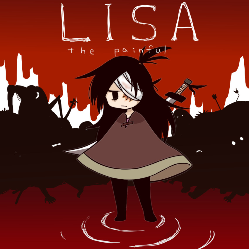 1girl bandage_over_one_eye black_eyes black_hair brown_shawl buddy_(lisa) copyright_name frown highres kyuukanchou lisa_(series) lisa_the_joyful long_hair one_eye_covered ripples scar scar_across_eye scar_on_face shawl side_ponytail solo_focus sword sword_on_back weapon weapon_on_back