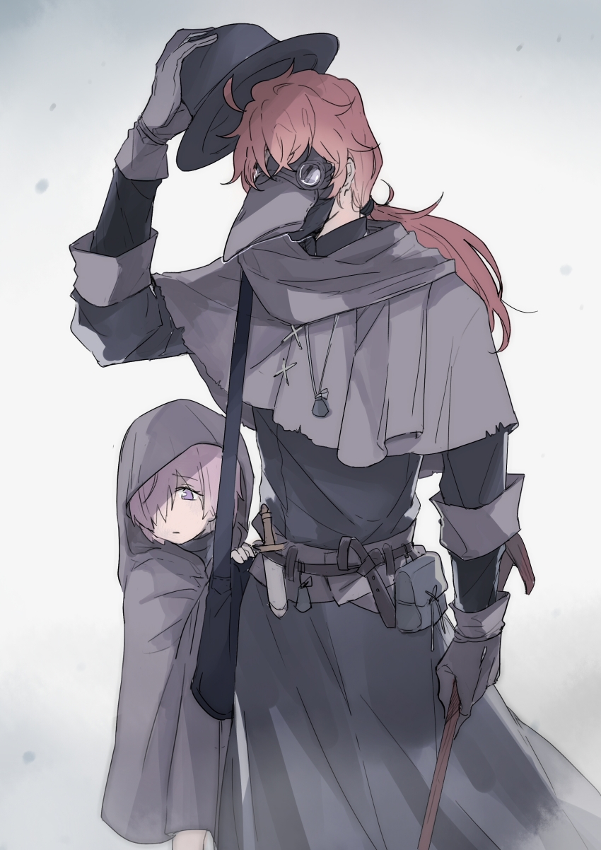 1boy 1girl absurdres aged_down alternate_costume bag belt belt_pouch black_bag black_hat black_robe cane child cloak cowboy_shot dagger fate/grand_order fate_(series) gloves grey_belt grey_cloak grey_gloves hat hat_tip highres holding holding_cane holding_unworn_clothes holding_unworn_hat hood hood_up hooded_cloak knife long_hair long_sleeves low_ponytail mash_kyrielight orange_hair pink_hair plague_doctor plague_doctor_mask ponytail pouch purple_eyes robe romani_archaman ruoyin sheath sheathed shoulder_bag unworn_hat unworn_headwear weapon