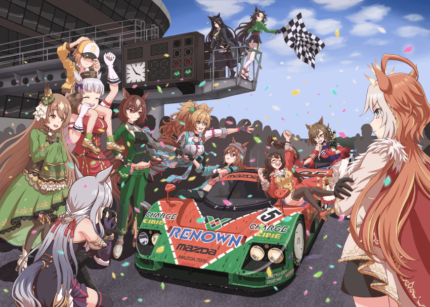 6+girls ahoge animal_ears armband ascot asymmetrical_jacket bare_shoulders baseball_cap beanie black_choker black_coat black_dress black_gloves black_hair black_pants black_pantyhose black_shirt black_thighhighs blast_onepiece_(umamusume) blue_coat blue_dress blue_eyes blue_skirt blue_sky blunt_bangs blush bottle bow bowtie braid breasts brown_ascot brown_eyes brown_hair brown_hat brown_shorts camera car checkered_flag choker chrono_genesis_(prismatic_curator)_(umamusume) chrono_genesis_(umamusume) closed_eyes closed_mouth clothes_around_waist cloud coat collared_shirt confetti crowd crying denim detached_sleeves domino_mask double-parted_bangs dress ear_bow ear_covers ear_ornament ear_ribbon ear_scrunchie ear_tag earrings ears_through_headwear el_condor_pasa_(el_numero_1)_(umamusume) el_condor_pasa_(umamusume) eye_mask fingerless_gloves flag fluffy_hair frills gloves gold_ship_(red_strife)_(umamusume) gold_ship_(umamusume) green_dress green_eyes green_jacket green_pants grey_hair grey_hat hair_between_eyes hair_intakes hair_ornament half_up_braid half_updo hat high-low_skirt highres holding holding_bottle holding_camera holding_flag hood hooded_jacket horse_ears horse_girl horse_tail incoming_hug jacket jacket_around_waist jeans jewelry large_breasts le_mans_prototype leggings long_bangs long_hair long_hair_between_eyes long_sleeves manhattan_cafe_(creeping_black)_(umamusume) manhattan_cafe_(umamusume) mask mazda mazda_787b messy_hair midriff midriff_peek motor_vehicle multicolored_hair multiple_girls nakayama_festa_(shichuukyuukatsu)_(umamusume) nakayama_festa_(umamusume) navel necktie on_shoulder open_clothes open_jacket open_mouth orange_hair orfevre_(control)_(umamusume) orfevre_(umamusume) outdoors pants pantyhose pendant_choker pillbox_hat ponytail purple_bow purple_eyes race_vehicle racecar red_armband red_coat red_dress red_eyes red_gloves red_jacket red_shirt satake_mei satono_crown_(umamusume) satono_diamond_(natural_brilliance)_(umamusume) satono_diamond_(umamusume) shirt shirt_under_shirt short_hair shorts single_ear_cover single_earring sirius_symboli_(feroce)_(umamusume) sirius_symboli_(umamusume) skirt sky sleeveless sleeveless_dress sleeves_past_fingers sleeves_past_wrists smile speed_symboli_(umamusume) streaked_hair striped_armband striped_clothes tail taking_picture tap_dance_city_(glitter!)_(umamusume) tap_dance_city_(umamusume) tears thighhighs tomozo8674 torn_clothes torn_jeans torn_pants torn_shirt twintails two-tone_hair umamusume very_long_hair wavy_hair white_armband white_coat white_gloves white_hair white_hood white_leggings white_pants white_pantyhose white_shirt wine_bottle yellow_eyes yellow_hat yellow_hood yellow_jacket yellow_necktie yellow_shirt