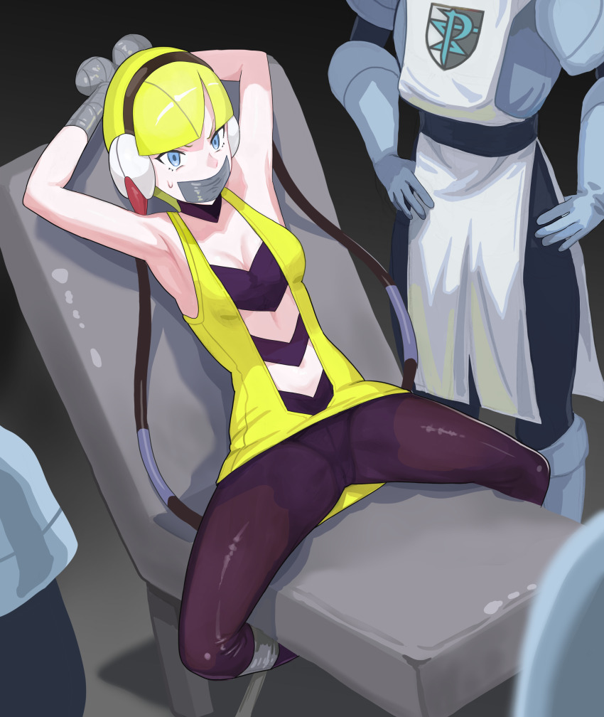 1girl 3boys absurdres armpits arms_up blonde_hair blue_eyes blunt_bangs bound breasts cable cleavage commentary_request elesa_(pokemon) gag gagged headphones highres improvised_gag multiple_boys nintendo pantyhose pokemon pokemon_bw raftetram short_hair sitting spread_legs sweatdrop tape tape_bondage tape_gag team_plasma team_plasma_grunt team_plasma_uniform vest yellow_vest