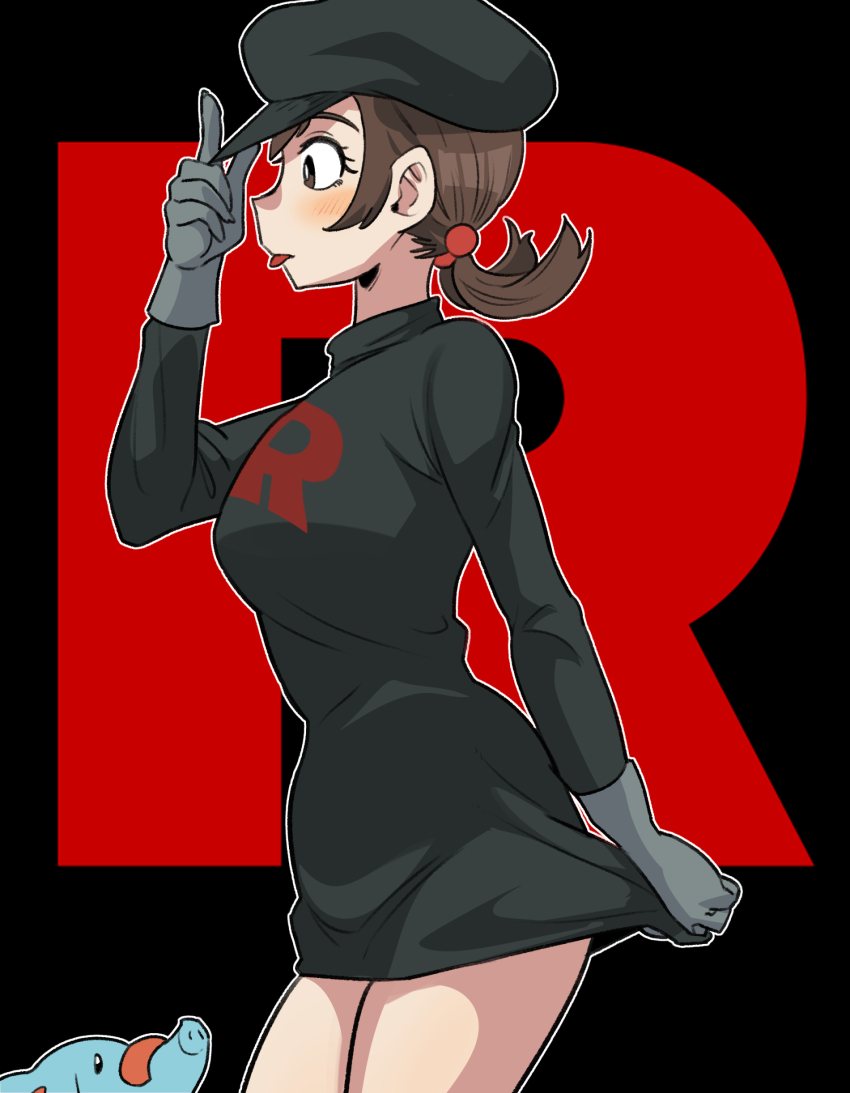 1girl absurdres black_hat brown_eyes brown_hair cowboy_shot dinoyhs game_freak gen_2_pokemon gloves grey_gloves hat highres lyra_(pokemon) nintendo outline phanpy pokemon pokemon_(creature) pokemon_hgss skirt_hold solid_oval_eyes team_rocket team_rocket_uniform tongue tongue_out white_outline