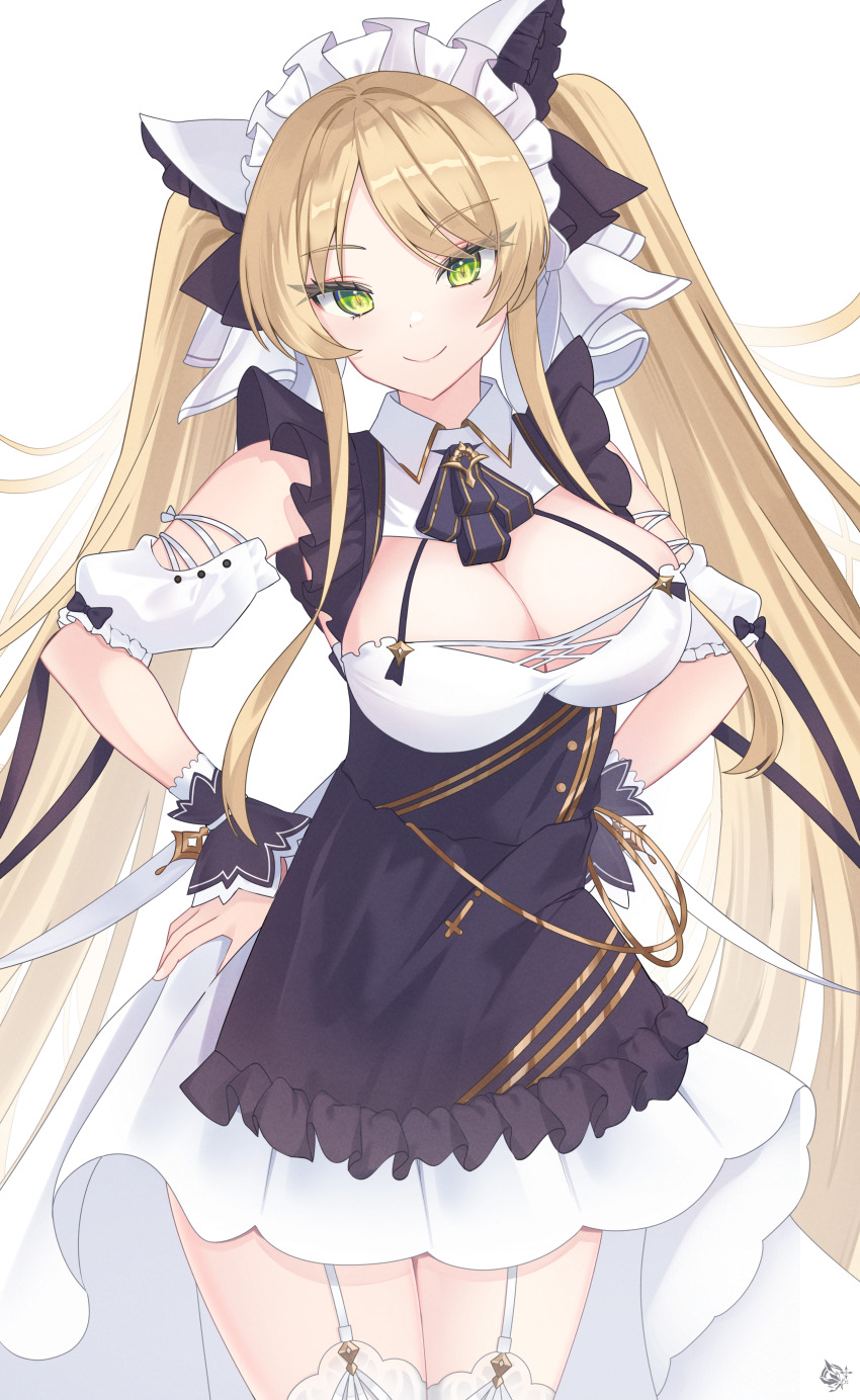 1girl absurdres animal_ears azur_lane blonde_hair breasts cheshire_(azur_lane) cheshire_(azur_lane)_(cosplay) cleavage cosplay fake_animal_ears green_eyes highres hornet_(azur_lane) hornet_ii_(azur_lane) kei_myoho looking_at_viewer maid maid_headdress simple_background twintails white_background