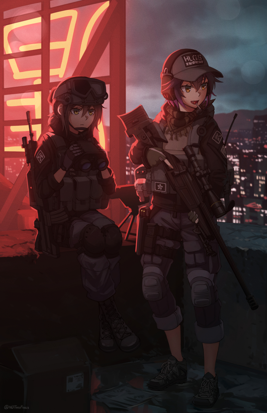 1girl :d absurdres baseball_cap binoculars black_footwear black_hair black_jacket blaser_r93 blurry bolt-action_rifle bolt_action boots box brown_eyes brown_hair candy cardboard_box closed_mouth commentary crossed_ankles depth_of_field english_commentary fang food food_in_mouth gloves goggles goggles_on_head gradient_hair grey_footwear grey_gloves grey_headwear grey_pants gun hair_between_eyes han_yue_ling hat headphones headset highres holding holding_gun holding_weapon jacket lace-up_boots lollipop long_sleeves looking_away looking_to_the_side low_ponytail multicolored_hair ndtwofives neon_lights night open_mouth original outdoors pants partially_fingerless_gloves ponytail prototype_design purple_hair qbz-97 rifle rooftop scope shoes smile sniper sniper_rifle sniper_team straight-pull_rifle straight_pull trigger_discipline twitter_username weapon