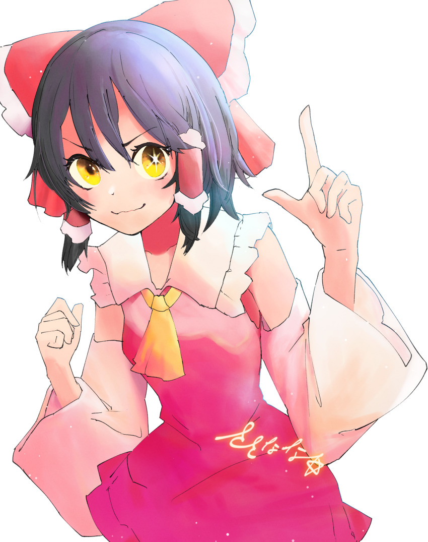 1girl :3 ascot black_hair blush bow clenched_hand closed_mouth collared_dress commentary cookie_(touhou) cowboy_shot detached_sleeves dress frilled_bow frilled_hair_tubes frilled_shirt_collar frills hair_bow hair_tubes hakurei_reimu highres index_finger_raised looking_at_viewer oshi_no_ko pink_dress red_bow sananana_(cookie) short_hair sidelocks simple_background sleeveless sleeveless_dress smile solo star-shaped_pupils star_(symbol) symbol-shaped_pupils touhou white_background white_sleeves whiterolo yellow_ascot yellow_eyes