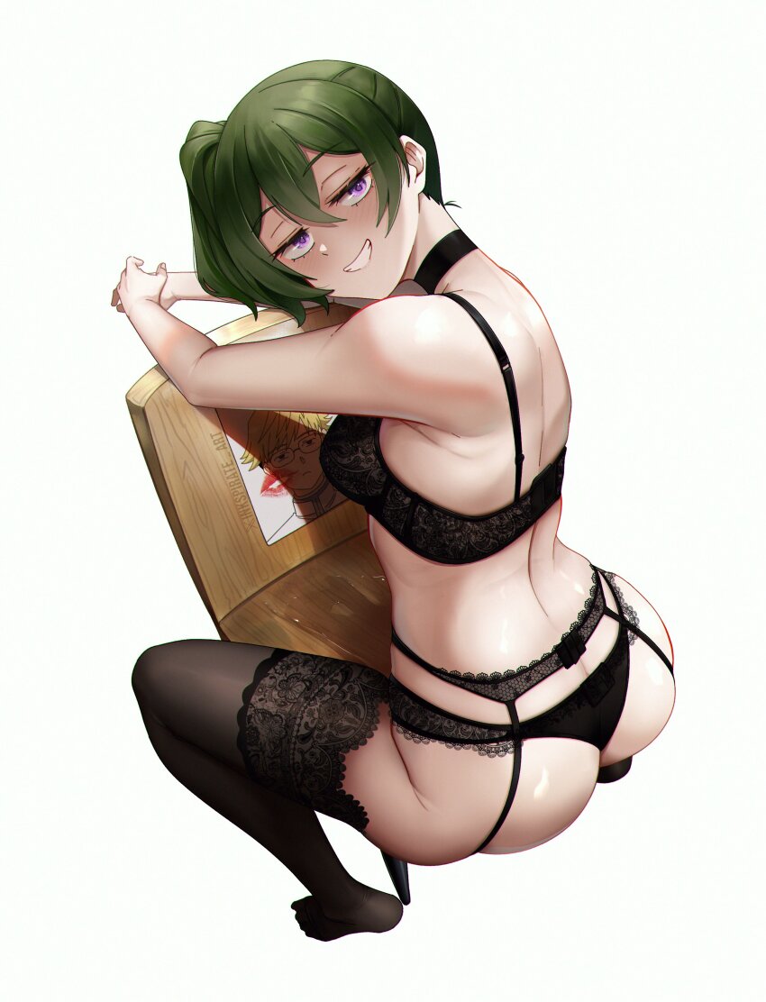 1girl absurdres ass black_choker black_thighhighs chair choker clenched_teeth eyelashes full_body garter_belt green_hair grin highres inkspirate jitome lace lace_thighhighs lingerie looking_at_viewer naughty_face no_shoes see-through_clothes see-through_legwear side_ponytail simple_background sitting skindentation smile solo sousou_no_frieren teeth thighhighs thighs ubel_(sousou_no_frieren) underwear white_background wooden_chair