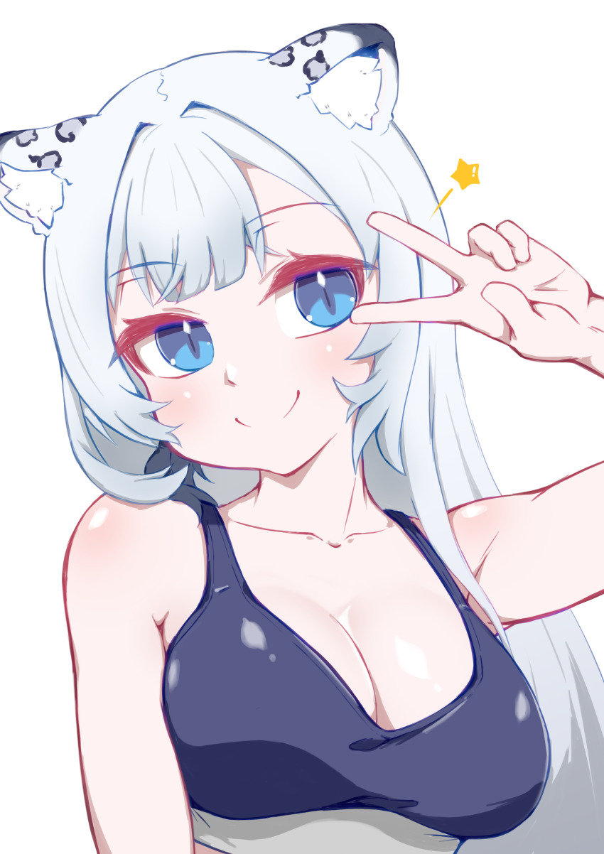 1girl absurdres animal_ear_fluff animal_ears arm_at_side arm_up bare_arms bare_shoulders blue_eyes blue_tank_top breasts cleavage closed_mouth collarbone eyelashes grey_hair highres hsiungmao long_hair looking_at_viewer medium_breasts nayuki_vivy renewlive shoulder_blush simple_background slit_pupils smile star_(symbol) straight_hair tank_top upper_body v v_over_eye virtual_youtuber white_background