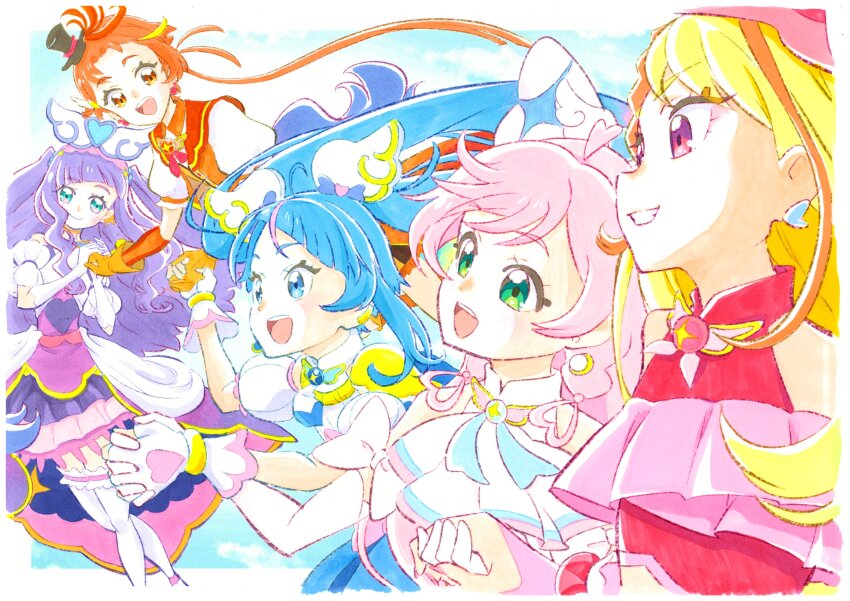 1boy 4girls absurdres aqua_eyes ascot black_hat blonde_hair blue_dress blue_eyes blue_hair blue_sky bow braid braided_bangs bridal_gauntlets brooch closed_mouth clothing_cutout cloud cloudy_sky cropped_shirt cure_butterfly cure_majesty cure_prism cure_sky cure_wing cut_bangs detached_sleeves dress dress_bow earclip earrings elbow_gloves ellee-chan fingerless_gloves flying_sweatdrops frilled_shirt frilled_skirt frilled_thigh_strap frills gloves green_eyes grin hair_bow hair_ornament half-dress hat highres hijiri_ageha hirogaru_sky!_precure holding_hands itaoka1 jacket jewelry layered_gloves layered_skirt long_dress long_hair looking_at_another looking_back looking_to_the_side low_ponytail magical_boy magical_girl mini_hat mini_top_hat miniskirt multicolored_hair multiple_girls nijigaoka_mashiro open_mouth orange_gloves orange_hair orange_jacket pink_bow pink_gloves pink_hair pink_hat pink_shirt ponytail precure puffy_detached_sleeves puffy_short_sleeves puffy_sleeves purple_dress purple_eyes purple_hair purple_skirt red_eyes shirt short_sleeves shoulder_cutout side_braids single_sidelock skirt sky sleeveless sleeveless_dress sleeveless_shirt smile sora_harewataru streaked_hair thigh_strap thighhighs top_hat twintails two-tone_dress two-tone_hair two_side_up very_long_hair white_ascot white_bow white_dress white_gloves white_thighhighs wing_brooch wing_hair_ornament yuunagi_tsubasa