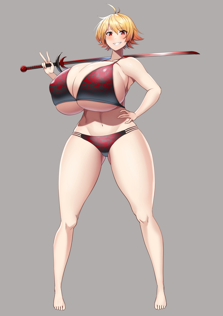 1girl ahoge bikini blonde_hair borrowed_character breasts daien female_focus full_body grey_background grin hand_on_own_hip holding holding_sword holding_weapon huge_breasts looking_at_viewer navel original over_shoulder red_bikini short_hair smile solo standing swimsuit sword thick_thighs thighs underboob weapon weapon_over_shoulder