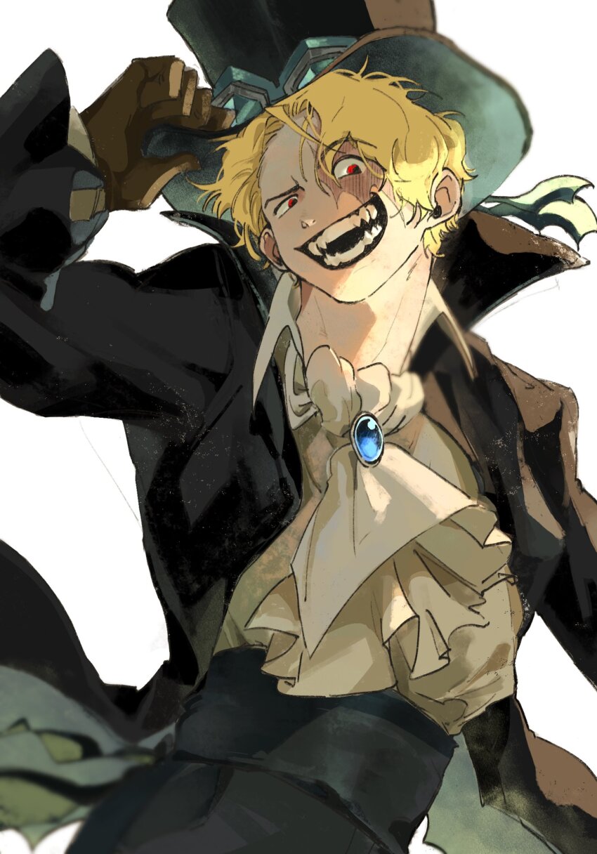 1boy ascot black_coat black_hair blonde_hair brown_gloves c_a_k_e coat commentary cowboy_shot evil_smile gloves hat highres male_focus one_piece open_mouth red_eyes sabo_(one_piece) scar scar_on_face short_hair simple_background smile solo symbol-only_commentary top_hat vampire white_ascot white_background
