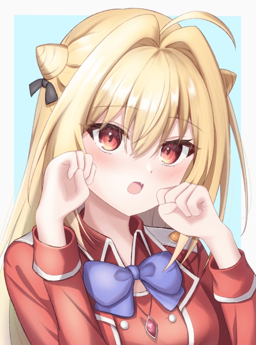 1girl ahoge black_bow blonde_hair blue_background blue_bow blue_bowtie blush border bow bowtie buttons commentary cone_hair_bun double-breasted double_bun eyelashes eyes_visible_through_hair fang hair_between_eyes hair_bow hair_bun hair_intakes highres hikikomari_kyuuketsuki_no_monmon jacket long_hair long_sleeves looking_at_viewer miyuki_kotori open_mouth outside_border paw_pose red_eyes red_jacket simple_background solo straight_hair terakomari_gandezblood upper_body white_border