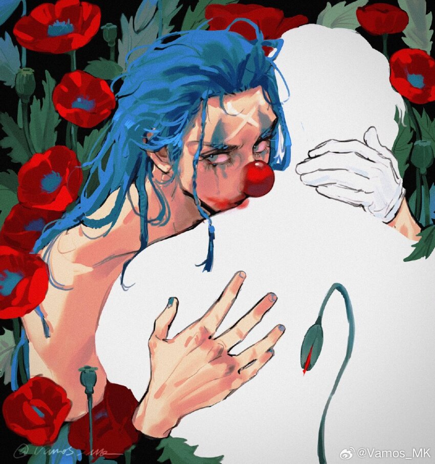 1boy blue_eyes blue_hair braid buggy_the_clown clown_nose eyelashes fingernails flower gloves hug lipstick long_hair looking_at_viewer makeup male_focus messy_hair one_piece poppy_(flower) red_flower single_glove smeared_lipstick topless_male upper_body vamos_mk white_gloves
