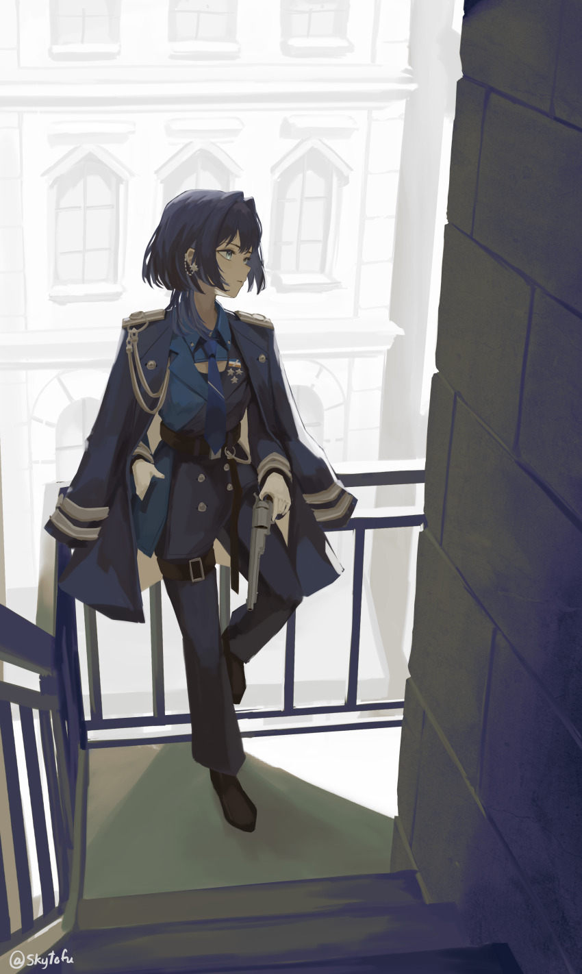 1girl absurdres belt black_pants black_shoes blue_eyes blue_hair blue_necktie blue_shirt breasts collared_shirt hair_intakes highres hololive hololive_english leaning_back long_hair multicolored_hair necktie official_alternate_costume official_alternate_hairstyle ouro_kronii ouro_kronii_(4th_costume) outdoors pants shirt shoes skytofu solo standing virtual_youtuber