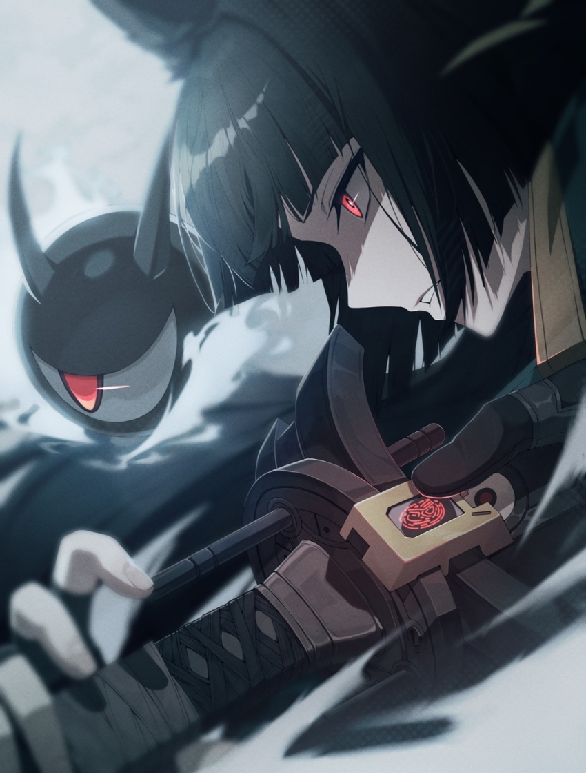 1girl biometric_scanner black_gloves black_hair commentary fingerless_gloves fingerprint from_side gloves highres holding holding_sword holding_weapon hoshimi_miyabi hosun katana long_hair looking_ahead parted_lips partially_shaded_face profile red_eyes scabbard sheath sheathed single_fingerless_glove solo sword tailless_(zenless_zone_zero) weapon zenless_zone_zero