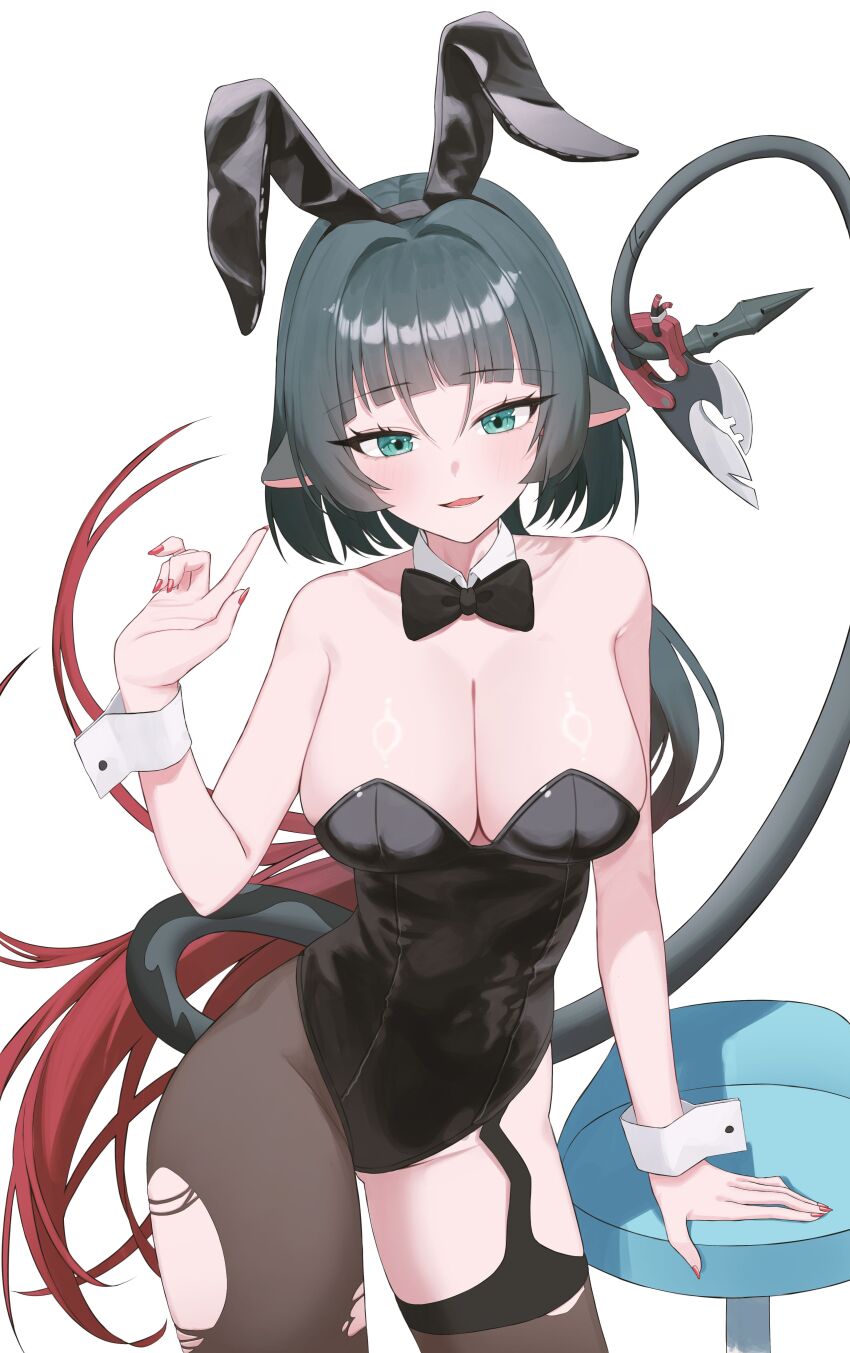 1girl absurdres alternate_costume animal_ears bare_shoulders black_hair black_hairband black_leotard bow bowtie breasts brown_pantyhose cleavage cowboy_shot detached_collar fake_animal_ears garter_straps hairband hand_up highleg highleg_leotard highres jane_doe_(zenless_zone_zero) large_breasts leotard long_hair looking_at_viewer low_ponytail mouse_ears mouse_girl mouse_tail multicolored_hair open_mouth pantyhose playboy_bunny ponytail rabbit_ears red_hair seungju simple_background single_garter_strap single_leg_pantyhose single_thighhigh smile solo standing stool strapless strapless_leotard tail tail_raised thighhighs thighs torn_clothes torn_pantyhose two-tone_hair very_long_hair white_background wrist_cuffs zenless_zone_zero