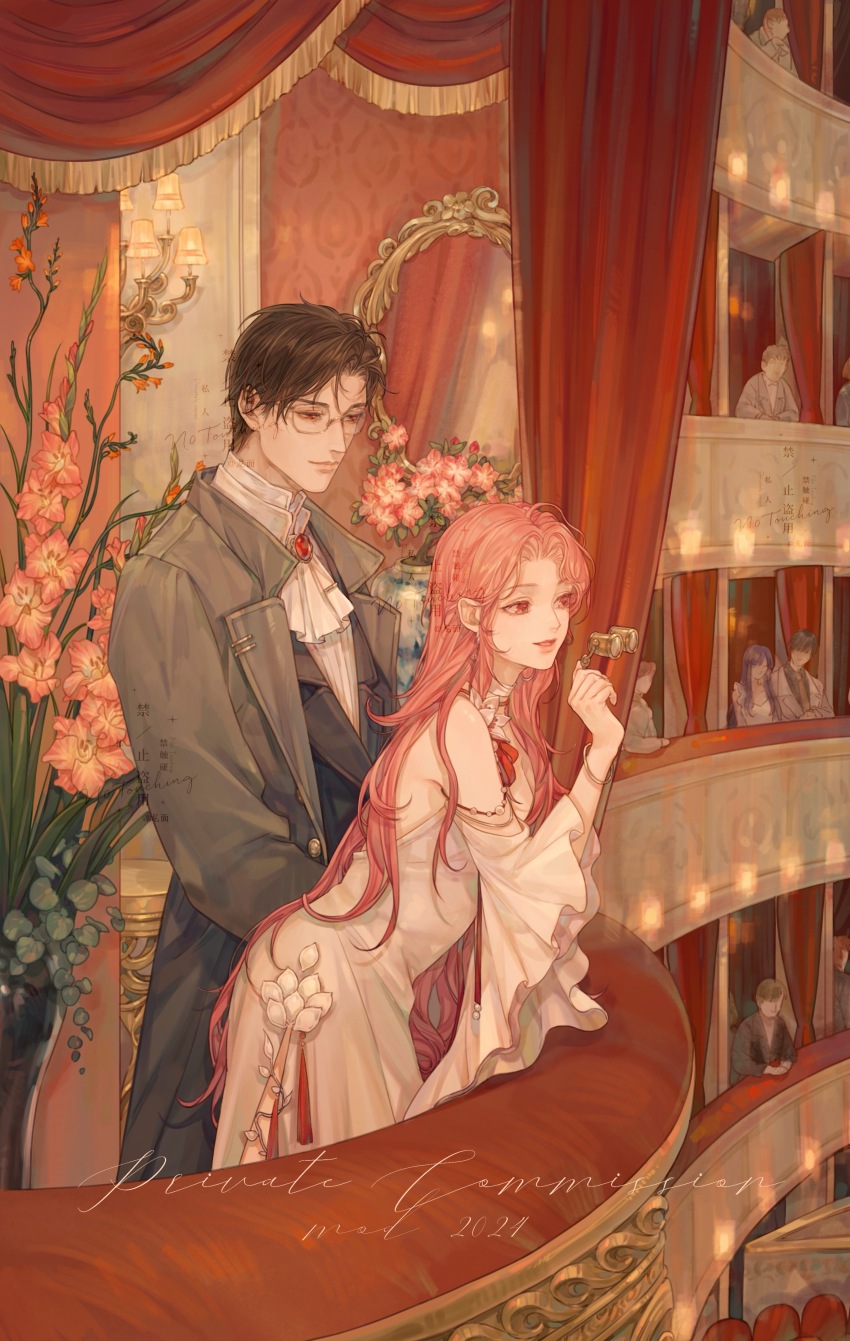 1boy 1girl absurdres black_hair candle commentary_request curtains dress flower glasses highres holding indoors jewelry light_and_night_love long_hair long_sleeves longmianbushilongxumian pink_eyes pink_hair table white_dress