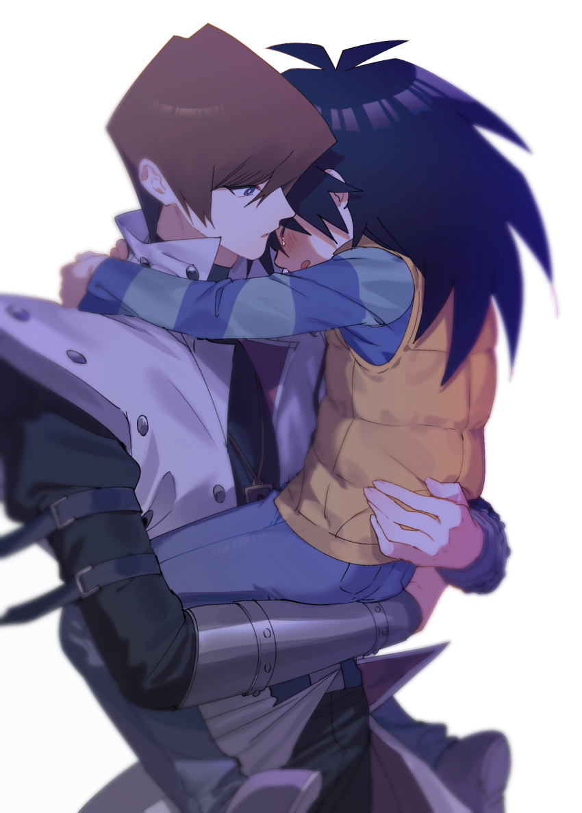 2boys black_hair black_shirt blue_eyes blue_pants blue_shirt brothers brown_hair card_(medium) card_parody carrying closed_eyes coat denim grey_background highres kaiba_mokuba kaiba_seto medium_hair moemoenomori multiple_boys pants shirt short_hair siblings simple_background tears upper_body vest white_background white_coat yellow_vest yu-gi-oh! yu-gi-oh!_duel_monsters