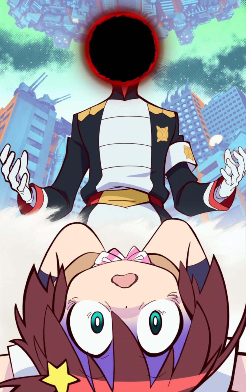 10s 1boy 1girl anime_screenshot blackholian highres luluco outdoors red_hair sexually_suggestive sky spoilers stitched third-party_edit uchuu_patrol_luluco