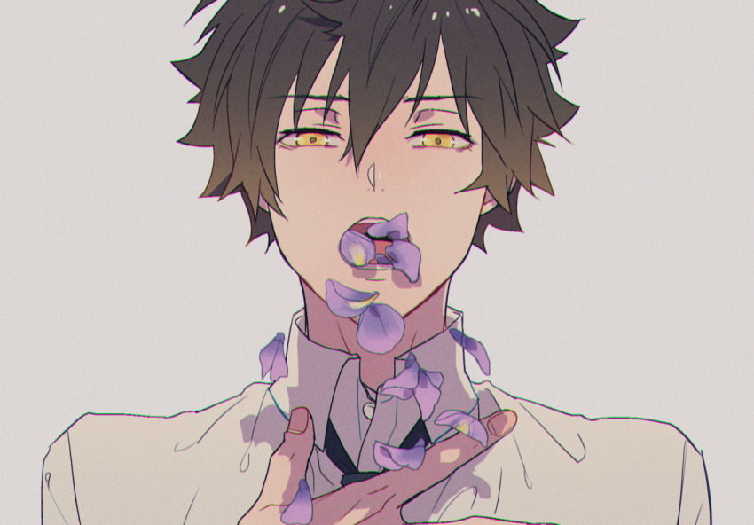 1boy brown_hair collared_shirt commentary_request coughing_flowers facing_viewer grey_hair hair_between_eyes kome_kako looking_at_viewer male_focus narrowed_eyes necktie open_mouth petals_in_mouth portrait psycho-pass shindou_arata shirt short_hair solo white_shirt yellow_eyes