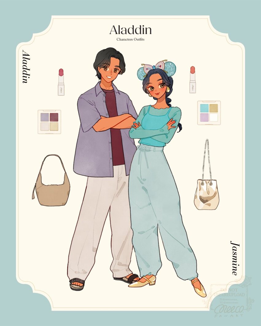 1boy 1girl aladdin_(disney) aladdin_(movie) black_hair brown_eyes brown_hair contemporary dark-skinned_female dark_skin earrings full_body highres jasmine_(disney) jewelry long_hair looking_at_viewer meecosme minnie_mouse_ears shirt smile