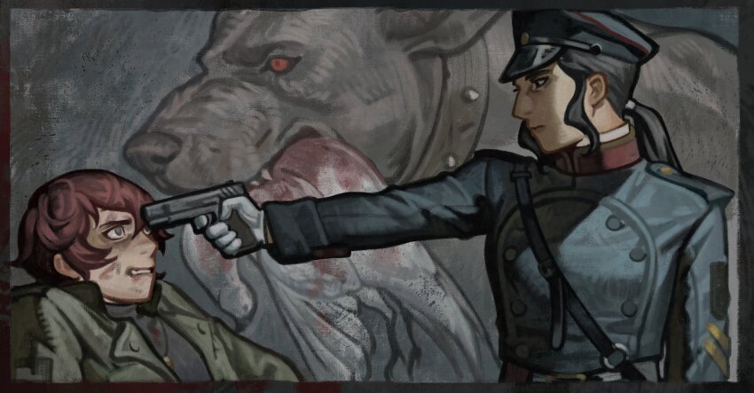 absurdres animal_collar belt bird black_eyes blood blood_on_face bloody_wings broken_neck brown_hair collar creature_and_personification dead_animal dog_request dove expressionless gloves gun gun_to_head handgun hat highres jewelry leaning_back looking_at_another low_ponytail military_hat military_uniform multiple_views narrowed_eyes original pendant personification ponytail red_eyes short_hair sidelocks silverheather symbolism weapon white_gloves wide-eyed wings
