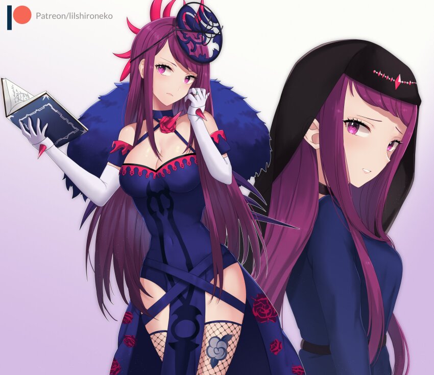 1girl absurdres brooch fascinator fire_emblem fire_emblem_engage fishnet_thighhighs fishnets flower_brooch highres ivy_(fire_emblem) jewelry lilshironeko multiple_views nintendo purple_eyes purple_hair see-through_clothes see-through_headwear spiked thighhighs thorn_print